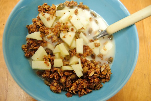 Homemade granola met appeltjes en rijstmelk. 